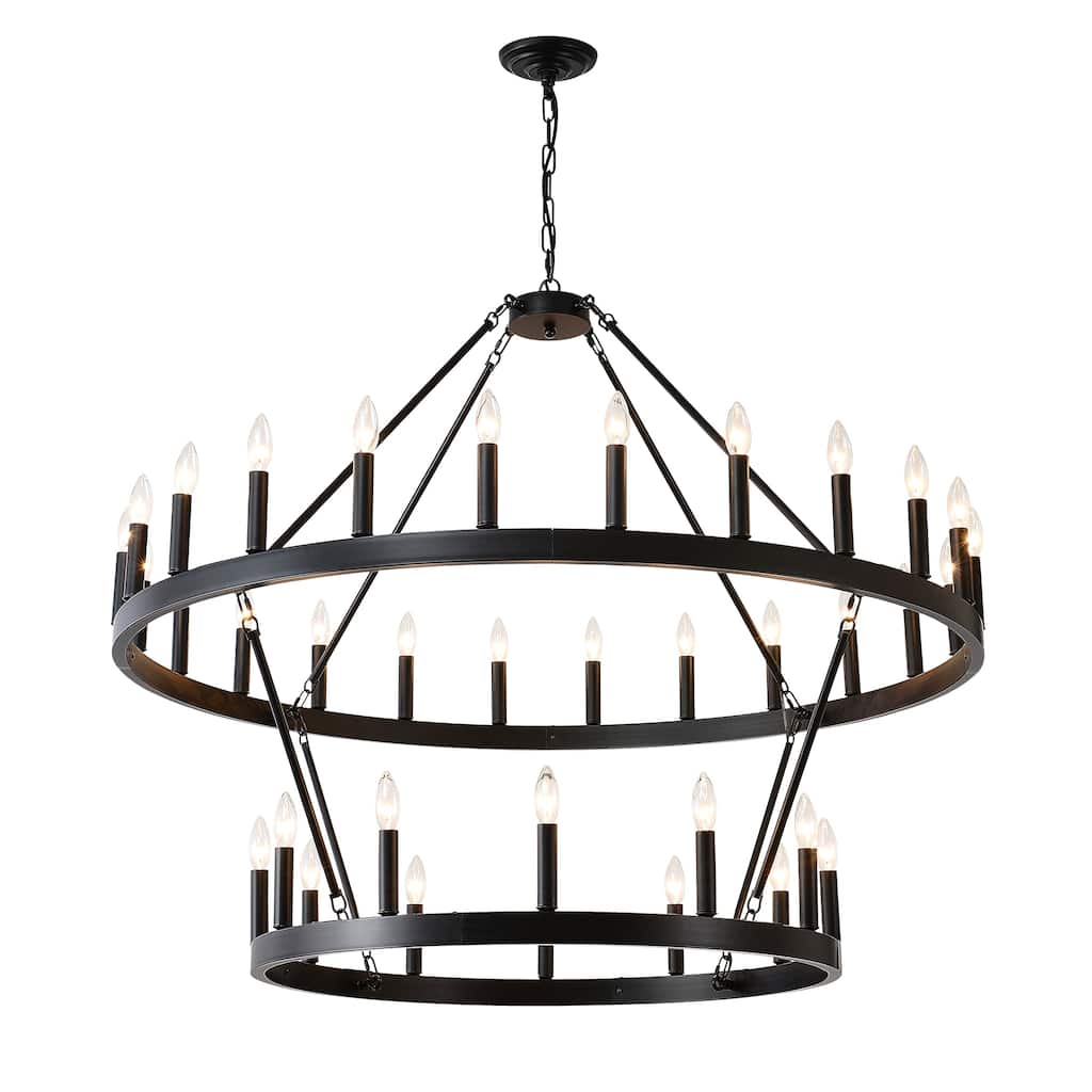 Farmhouse Industrial Style Ceiling Light, 2-Tier 36-Light Wagon Wheel Chandelier, for High-Ceilinged Living Rooms Dining Rooms