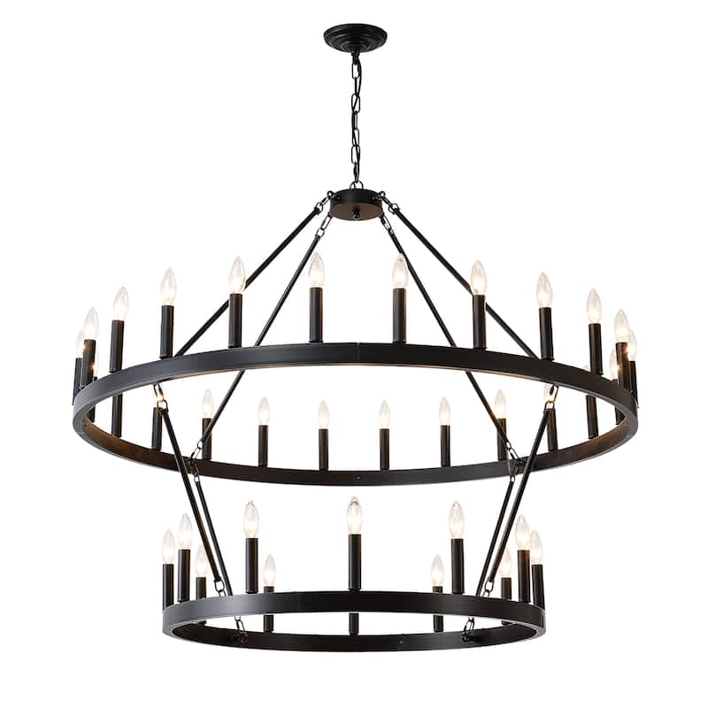 Farmhouse Industrial Style Ceiling Light, 2-Tier 36-Light Wagon Wheel Chandelier, for High-Ceilinged Living Rooms Dining Rooms - Black