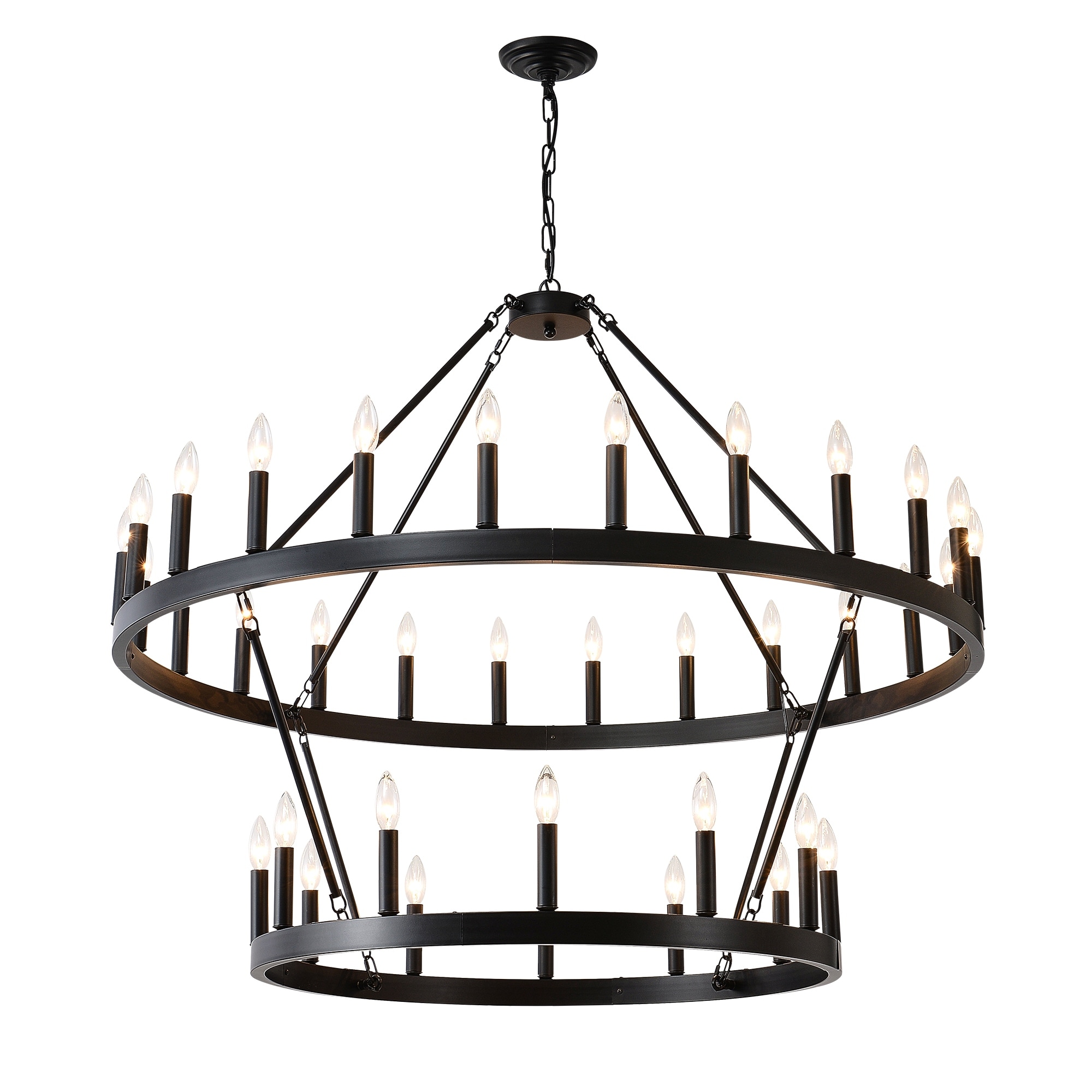 Wooden Farmhouse 36-Light, Black Metal Chandeliers 2-Story Light Fixtures Industrial for High Ceiling Living Dining Room