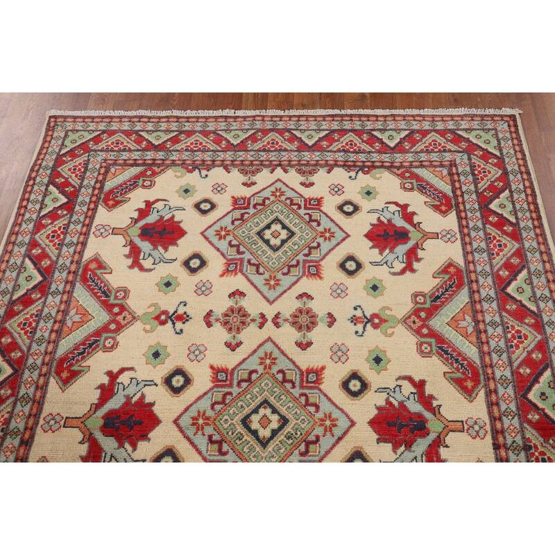 Beige Kazak Area Rug Handmade Oriental Wool Carpet - 4'9" x 6'7"
