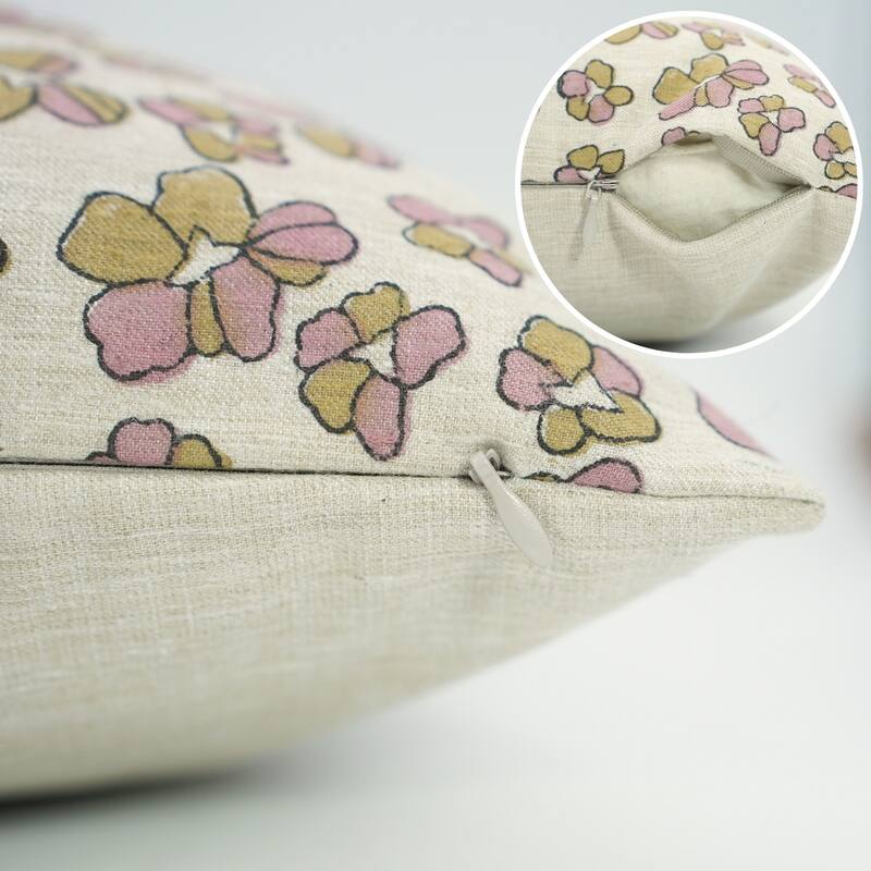 Fabdivine Floral Throw Fall Summer Décor Pink Pillow Cover Handmade Linen, for Farmhouse Guest Room or Couch, Custard Apple