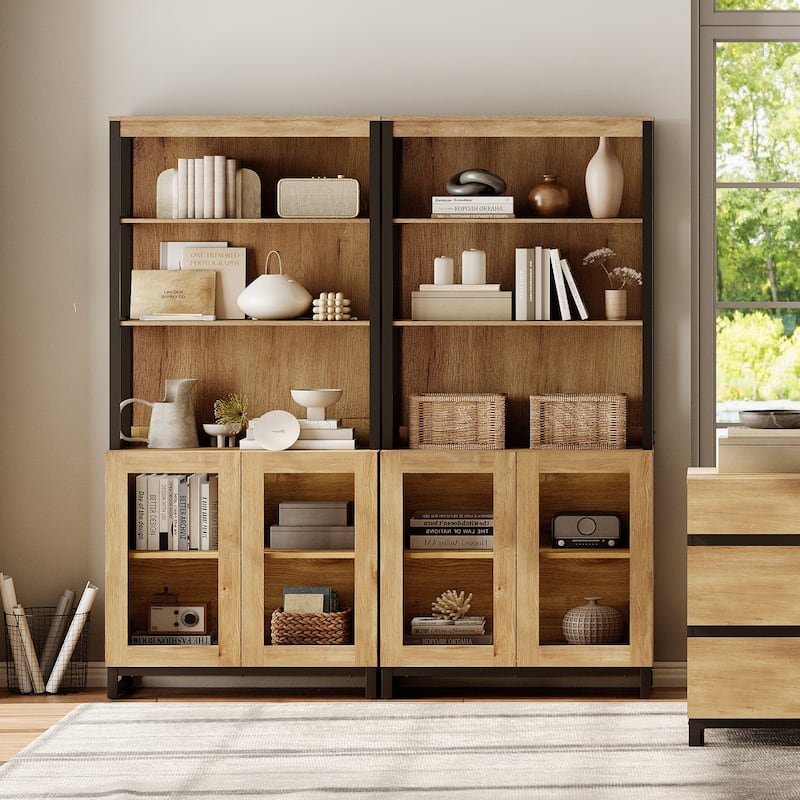 2 PCS Modern 72" Tall Bookcases with Glass Doors and Adjustable Shelves for Home Office, Living room.