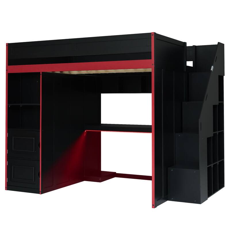 GDFStudio - GameZone Modern Wooden Gaming Loft Bed with Desk, Storage and LED Lighting