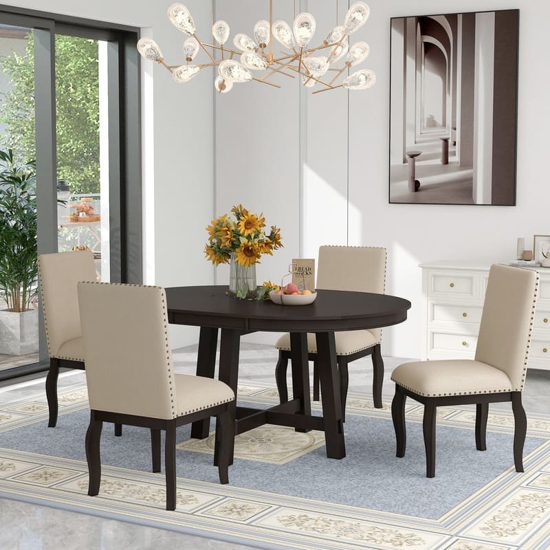 5-Piece Farmhouse Dining Table Set Wood Round Extendable Dining Table and 4 Upholstered Dining Chairs - Espresso