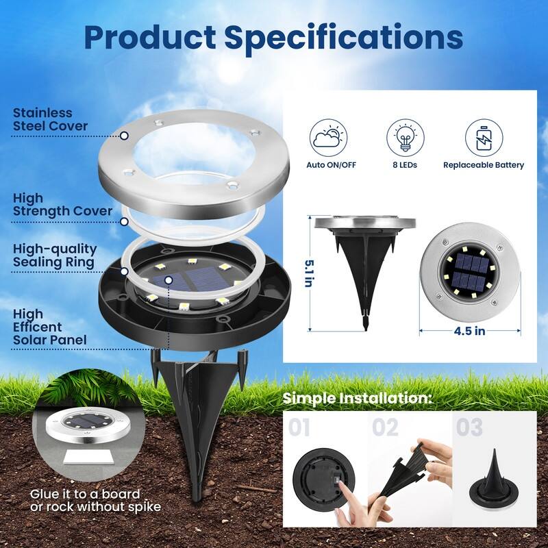 FKHouse Cool White 8 LED Solar Outdoor Waterproof In-Ground Path Lights - 6