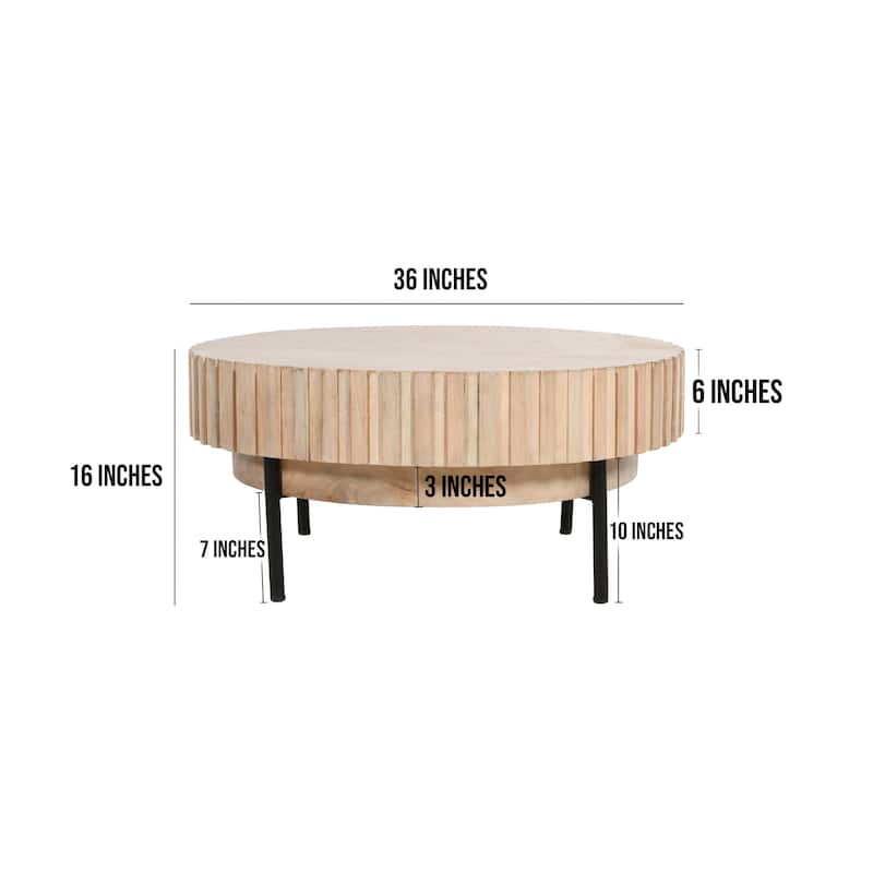 36 Inch Modern Handcrafted Round Coffee Table, Oak White Wood Top with Grooved Edges, Black Iron Legs