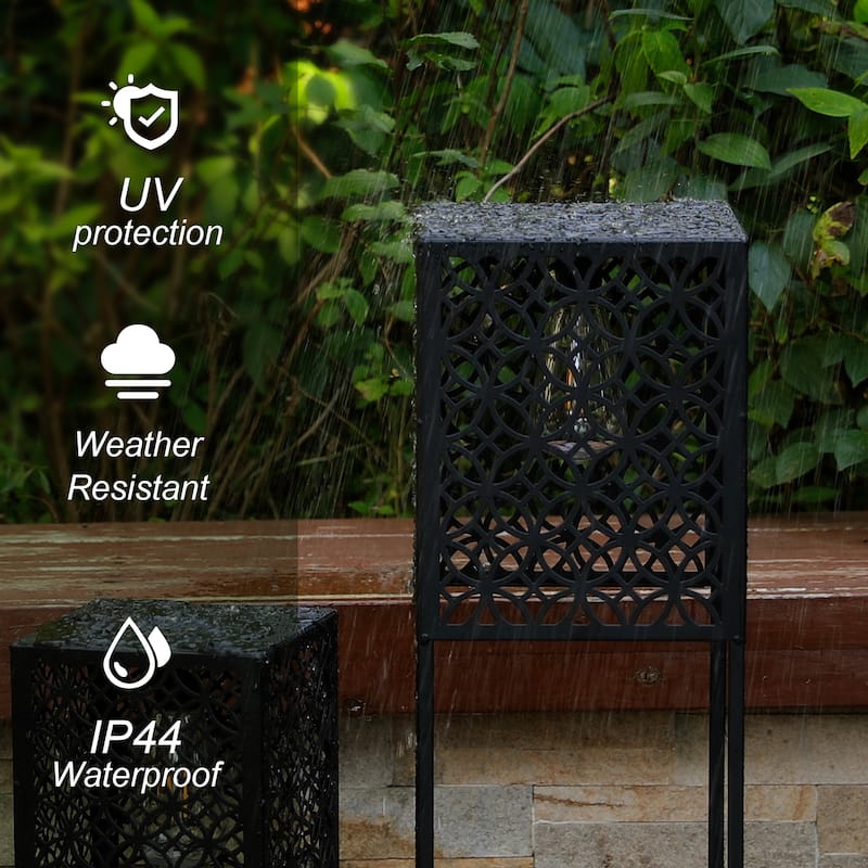 Glitzhome Set of 2 Outdoor Geometric Black Metal Solar Standing Lanterns with Bulb