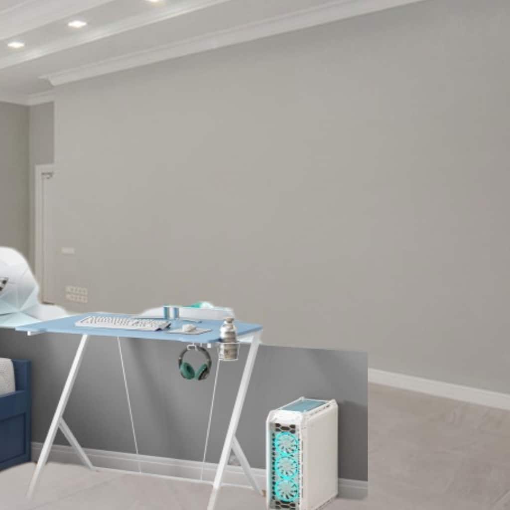Modern Kids Gaming Desk with Laminated Sparkly Surface, Headphone & Drink Holders, Cable Management