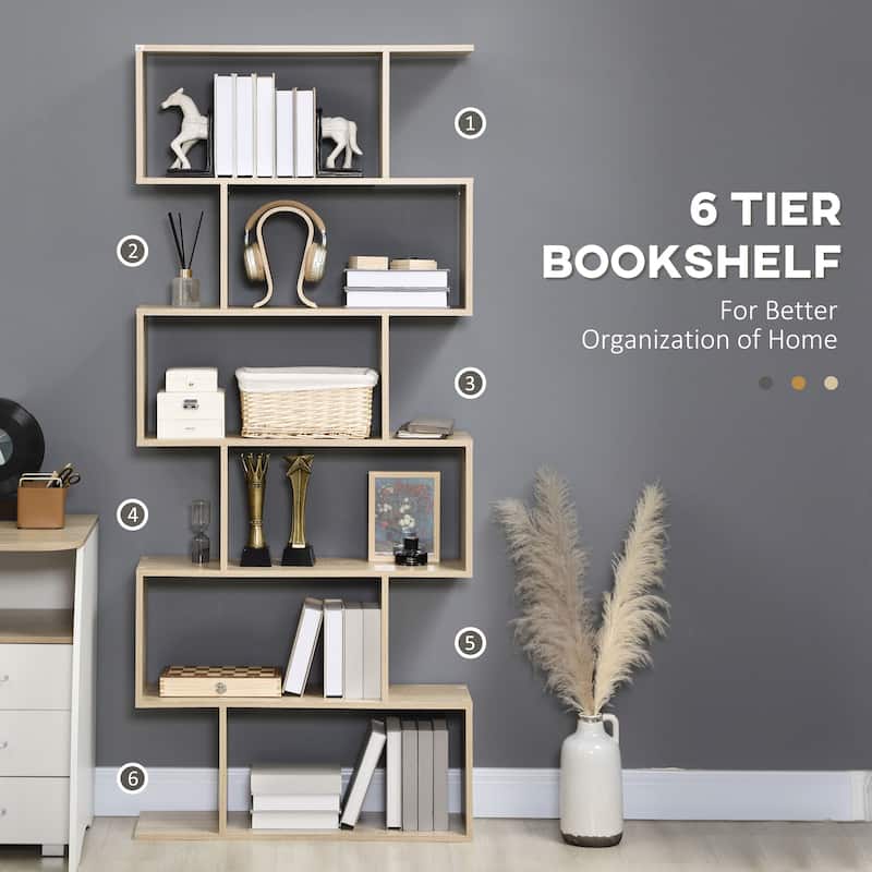 Bookcase 6-Shelves S-Shaped Bookshelf Wooden Storage Display Stand Shelf