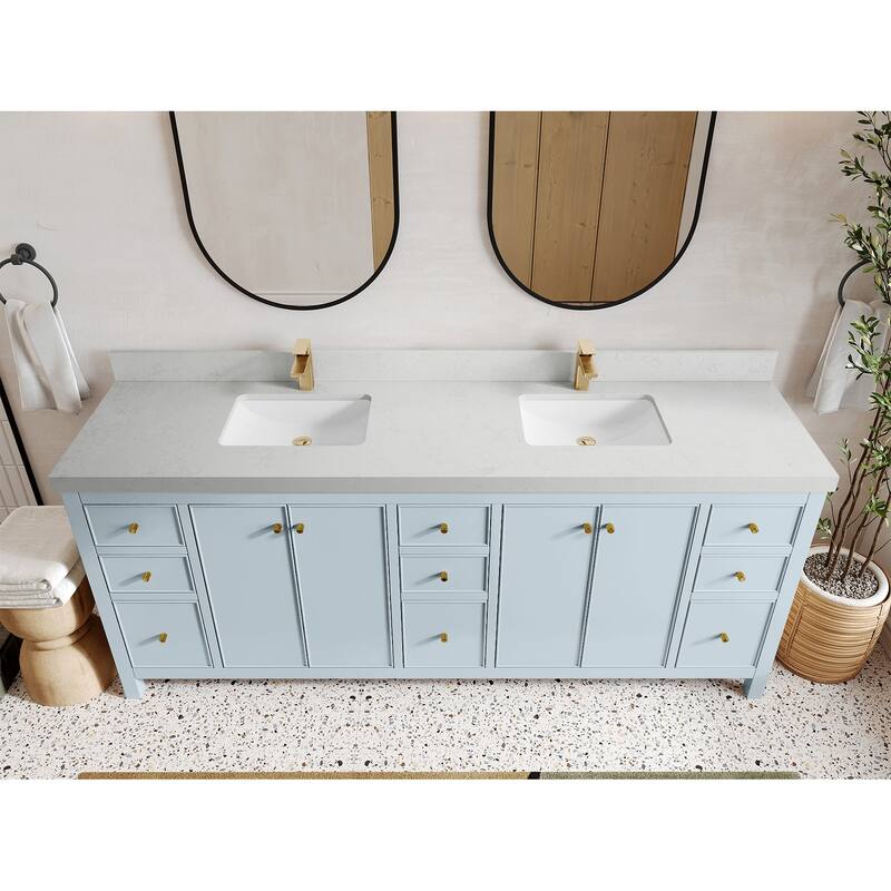 Willow Collections 84 in. W x 22 in. D Chicago Double Bowl Sink Bathroom Vanity with Countertop - 2”Carrara Quartz - Blue Heather