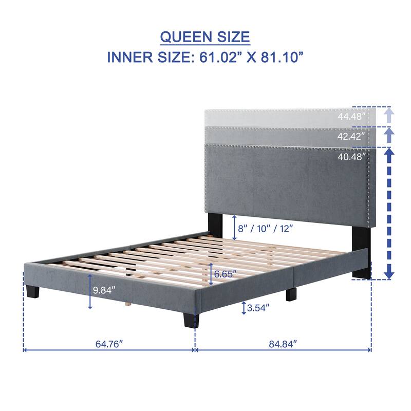 Full/Queen Size Platform Bed Frame, Bedroom Upholstered Bed with Nailhead Trim Headboard, No Box Spring Needed