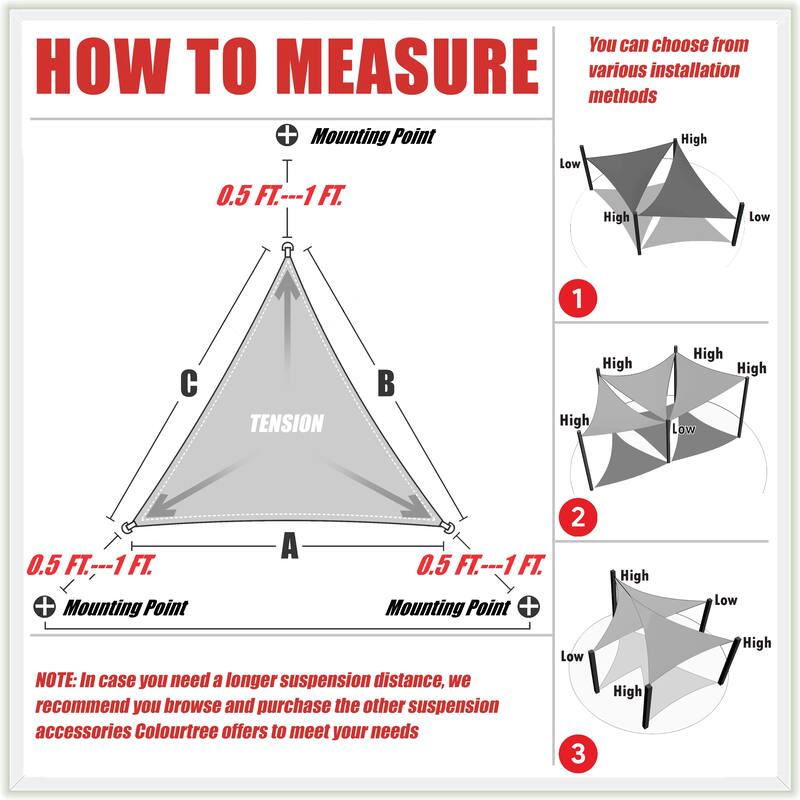 ColourTreeUSA Triangle Sun Shade Sail w/Cable Ropes HDPE Mesh Fabric Screen Canopy UV Block 190 GSM