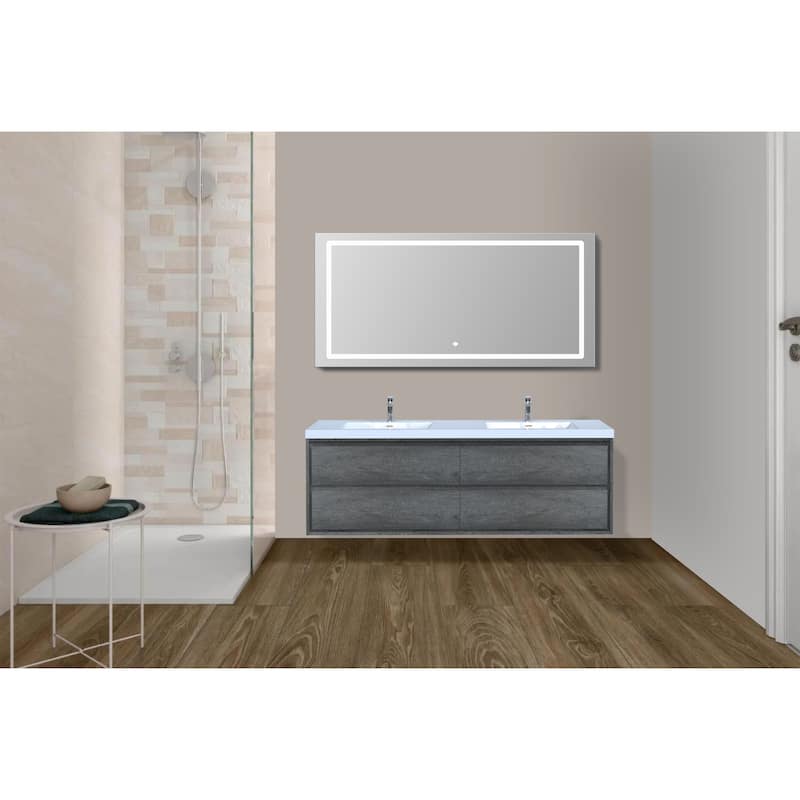 Sage 72" wall mounted bathroom vanity with double basin acrylic top - 72 - smoak oak