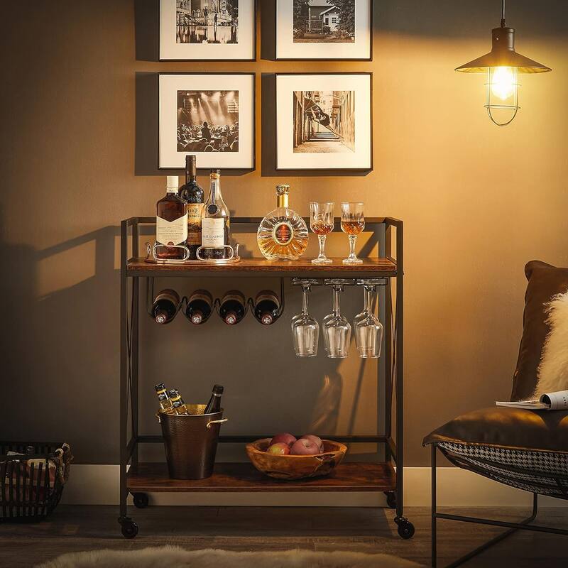 Bar Serving Cart with Glass Stemware Rack and Wine Bottle Holders