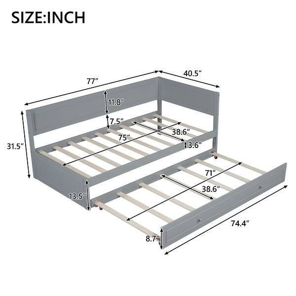 dimension image slide 0 of 2, Twin Wood Daybed with Trundle, Guardrail, Beige, Vintage Style, No Box Spring Needed