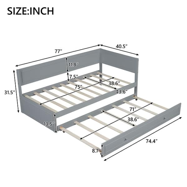 Twin Wood Daybed with Trundle, Guardrail, Grey, Vintage Style, No Box Spring Needed
