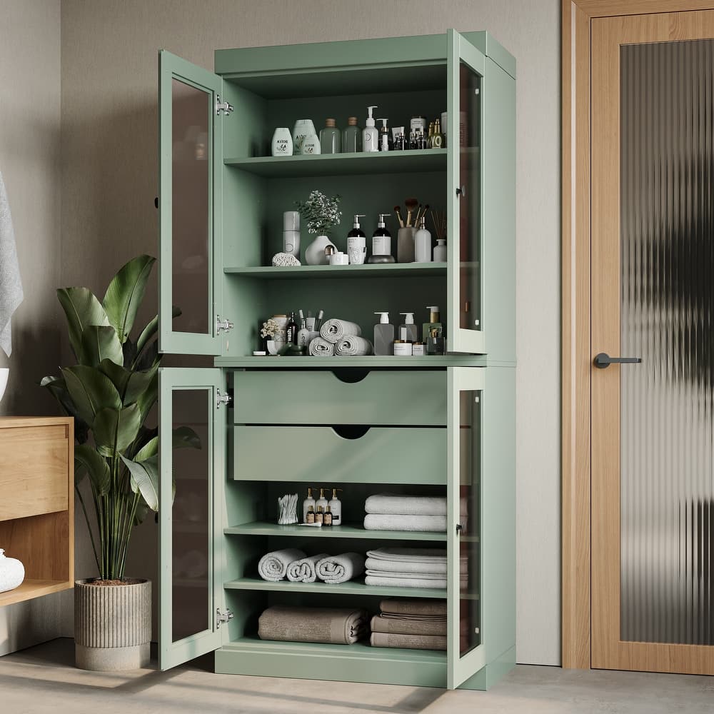 Palace Imports 100% Solid Wood Bathroom Storage Cabinet, Clear Glass Doors, 2 Drawers, Adjustable Shelves, 32" Wide, 71.5" Tall