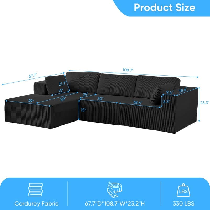 Mixoy 3-Pcs Free Combination Modular Sectional Sofas,Corduroy Compressed L-Shaped Sofa with Flexible Configuration - 3-Seater