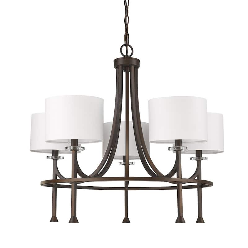 HomeRoots Brown Candle Style Five Light Metal and Crystals Dimmable Chandelier With White Shades - 28' X '24.5' X '28