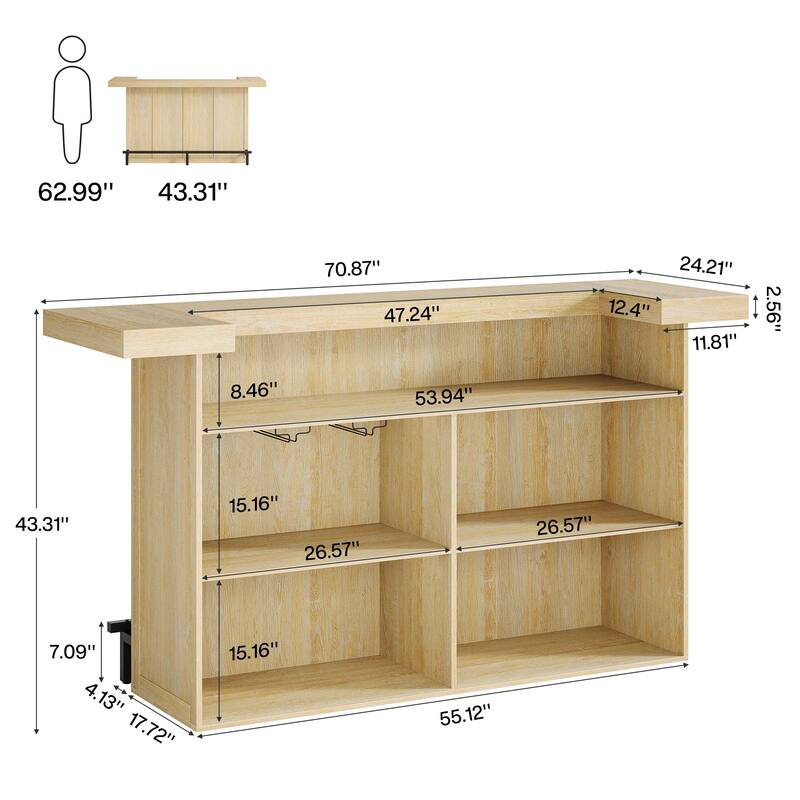 70.9" Wooden Home Bar Table with Wine Glass Holder, Pub Storage Unit Accent Table for Home Patio Basement