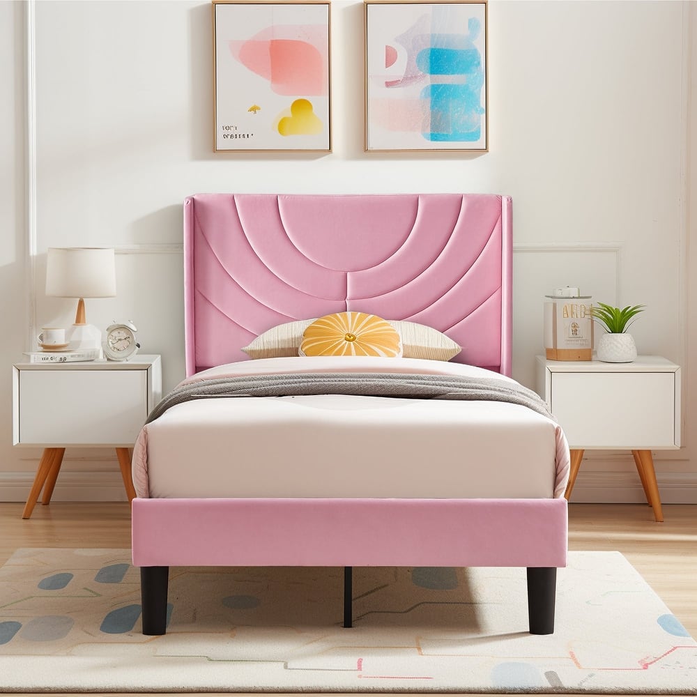 Javlergo Upholstered Bed Frame with Wingback Panel Headboard, No Box Spring Needed