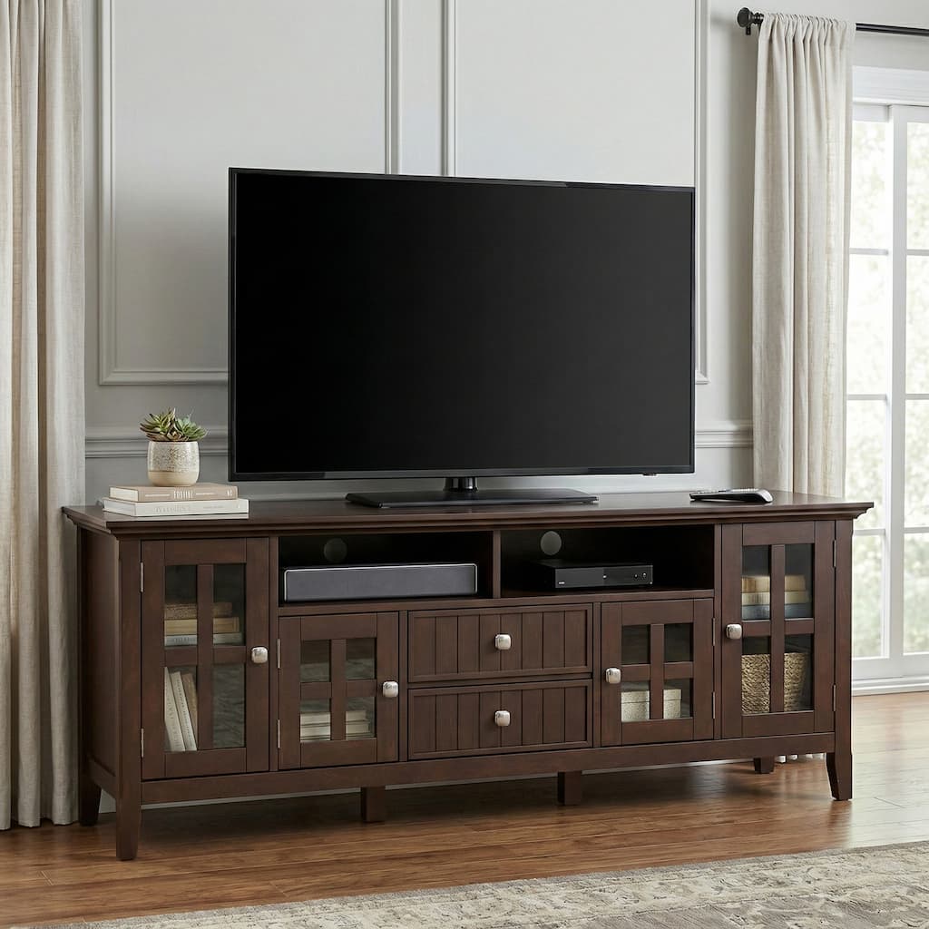 WYNDENHALL Normandy SOLID WOOD 72 inch Wide Transitional TV Media Stand in Brunette Brown For TVs up to 80 inches