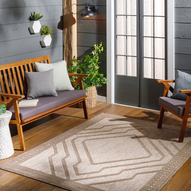 Livabliss San Diego Indoor/ Outdoor Global Area Rug - 6'7" x 9' - Tan
