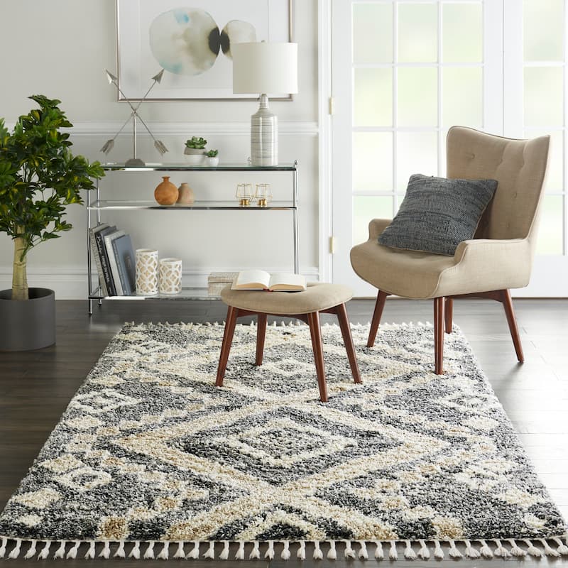 Nourison Scandinavian Shag Contemporary Tribal Area Rug - 5' 3" x 7' 9" - Grey/Ivory