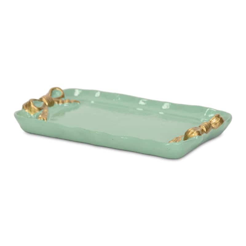 HomeRoots 8" Aqua And Gold Cast Iron Ribbons Vanity Tray - 7.50 in. x 0.50 in. x 4.50 in.