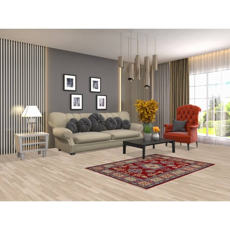 Red Geometric Kazak Foyer Rug Handmade Traditional Wool Carpet - 3'5" x 4'11"