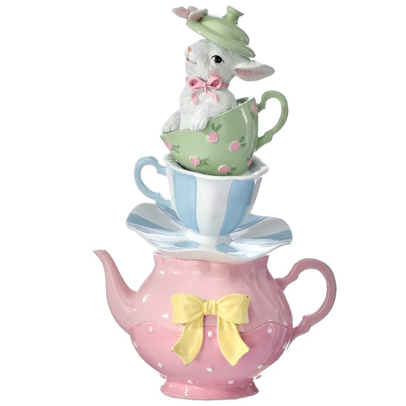 11" Resin Tea Cup Stack With Bunny