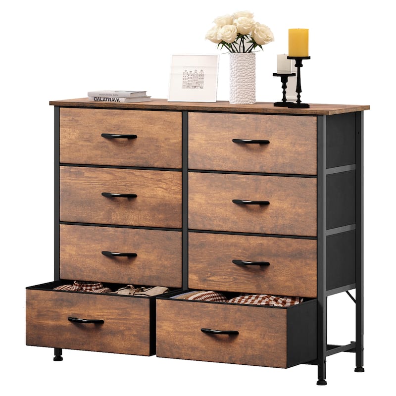 Moasis 8-drawer Dresser with Steel Frame, Wooden Top, Wooden Grain