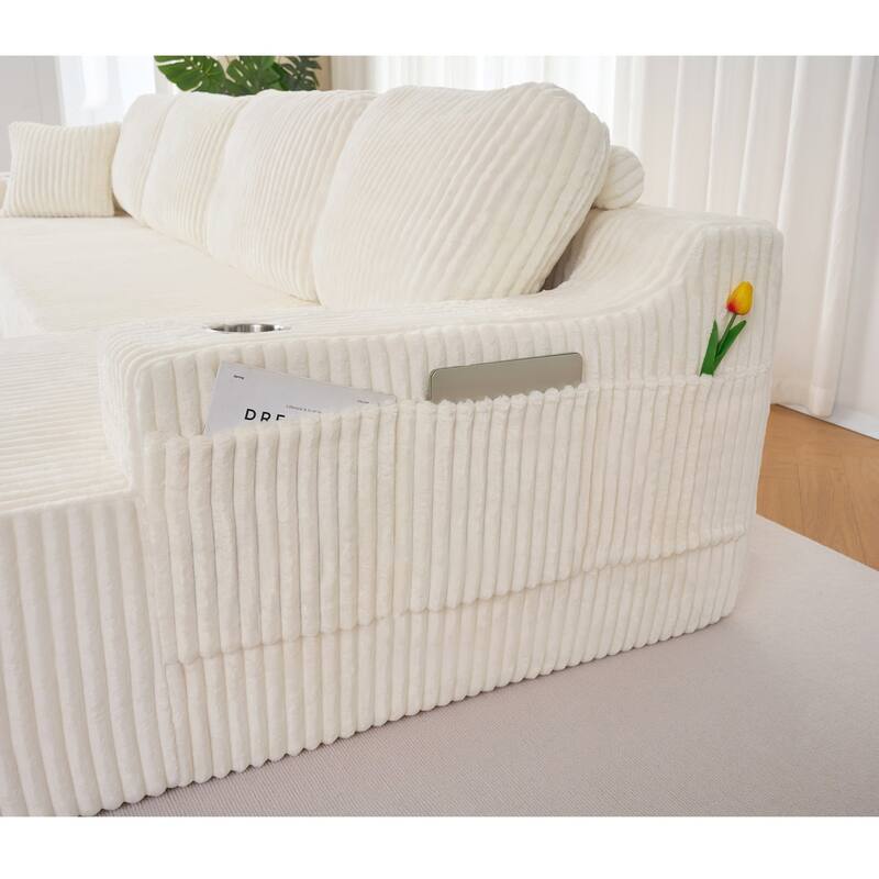 130" U-Shaped Corduroy Sectional Sofa with Cup Holders, No Assembly Required