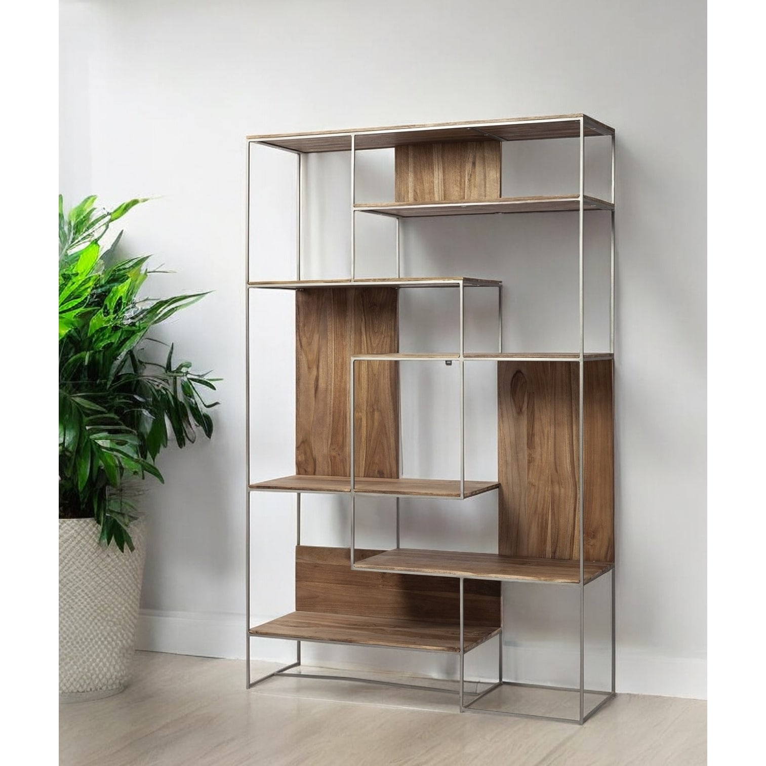 Brown Wood And Silver Metal Frame With 6 Shelf Shelving Unit Brown Wood And Silver Metal Frame With 6 Shelf Shelving Unit