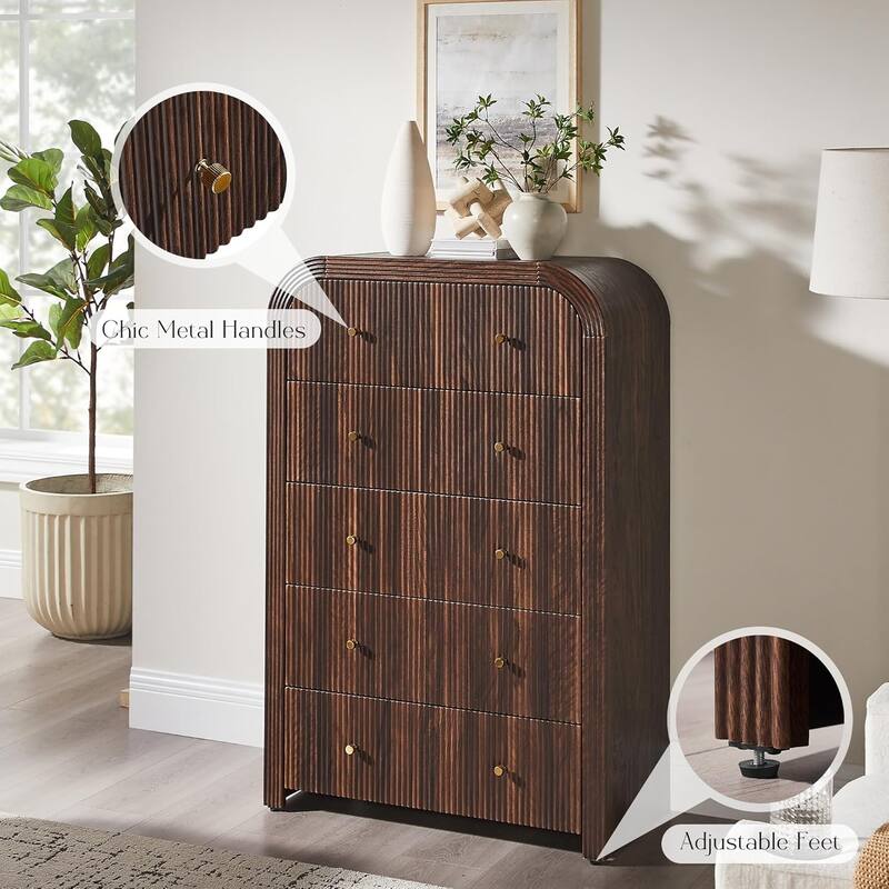 Modern Fluted 5 Drawers Dresser, Wood Chest of Drawers for Bedroom