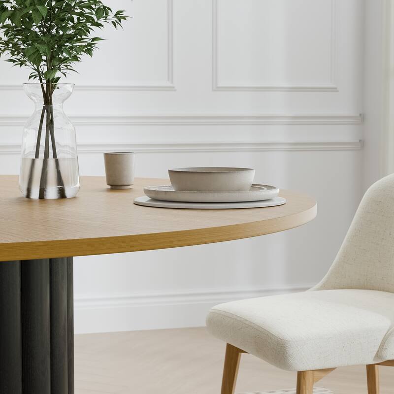 Solid Wood Round Dining Table Kitchen Table with Tabletop & Textured Cylindrical Base