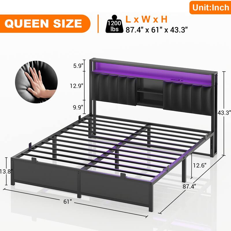 Upholstered Bed Frame with Storage Shelving, Platform Beds with Charge Station and LED Lights