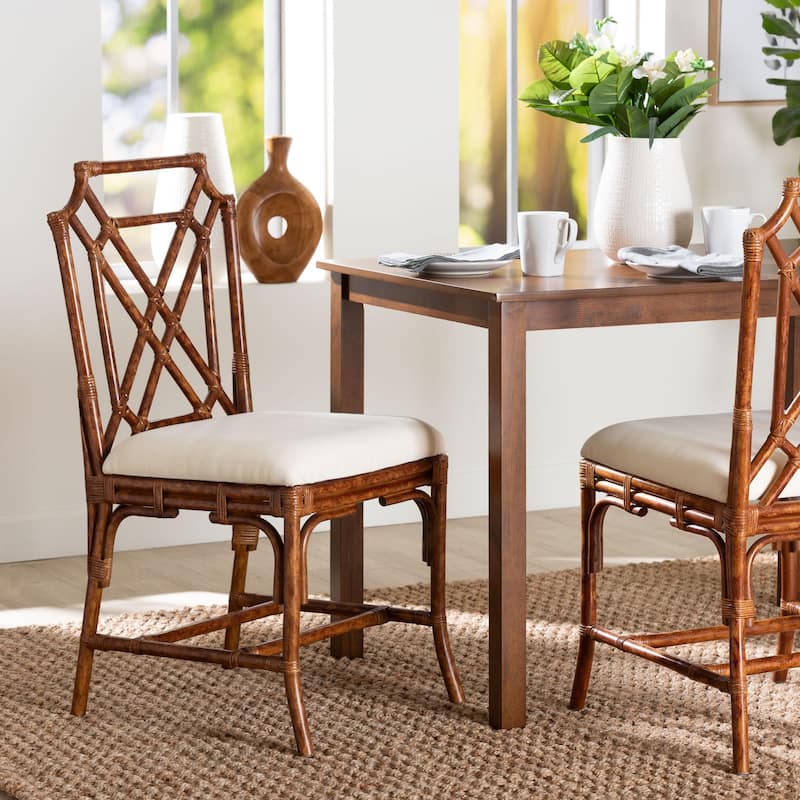 Esmery Marbled Tortoise Natural Rattan Dining Chair - Handcrafted Wicker Side Chair with Crisscross Back, Boho Coastal Seating