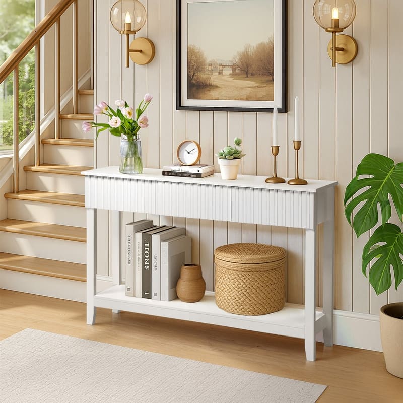 White 2-layer 3-draw MDF 130 * 30 * 81cm Grille Foyer Table