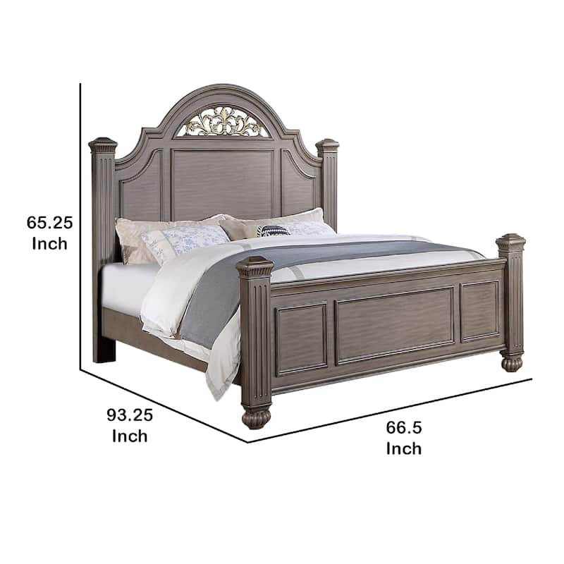Recus Queen Bed, Carved Floral Details, Arched Headboard, Gray Wood
