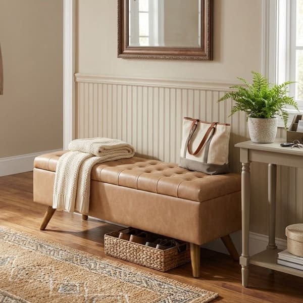 slide 2 of 91, HomePop Modern Storage Bench Sand Faux Leather