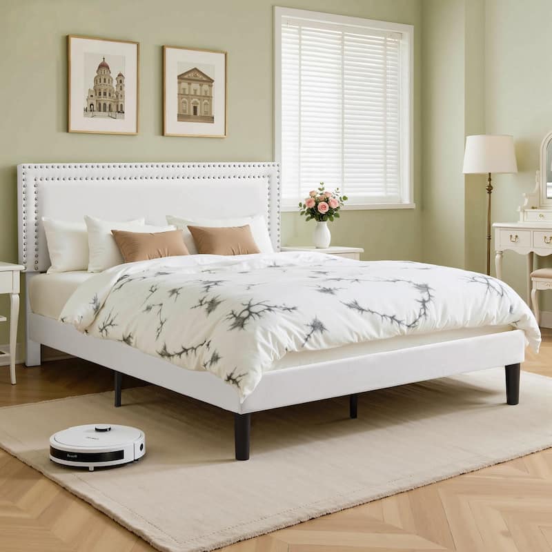 VECELO Upholstered Bed Frames with Height Adjustable Headboard