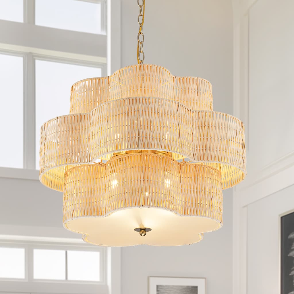 C Cattleya 6-Light Natural Rattan Chandelier with 3-Tier Hand Woven Flower-Shaped Shade - 24-inch