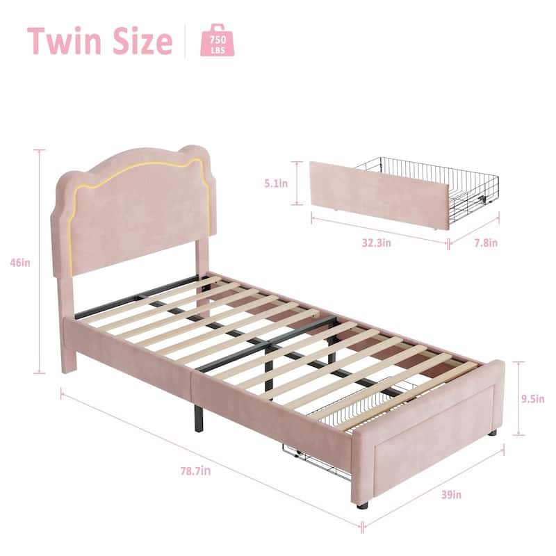 Twin Platform Bed, with LED Light and Adjustable Headboard，With Drawer