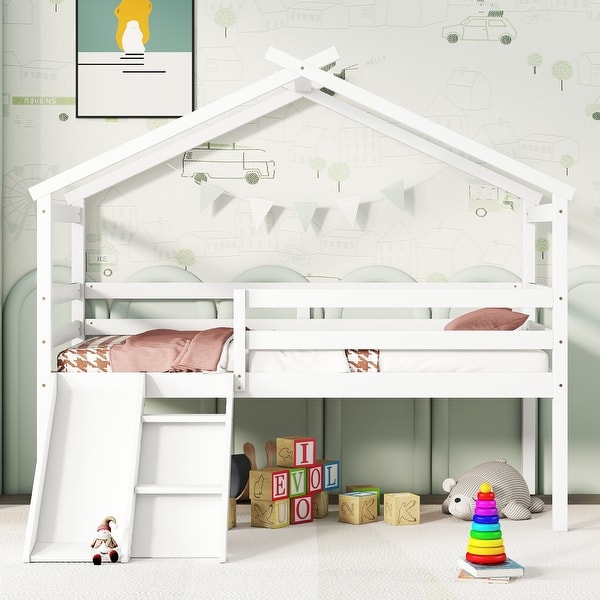 slide 2 of 19, Modern Twin Low Loft House Kids Bed with Slide,Ladder,Guardrails,Roof White