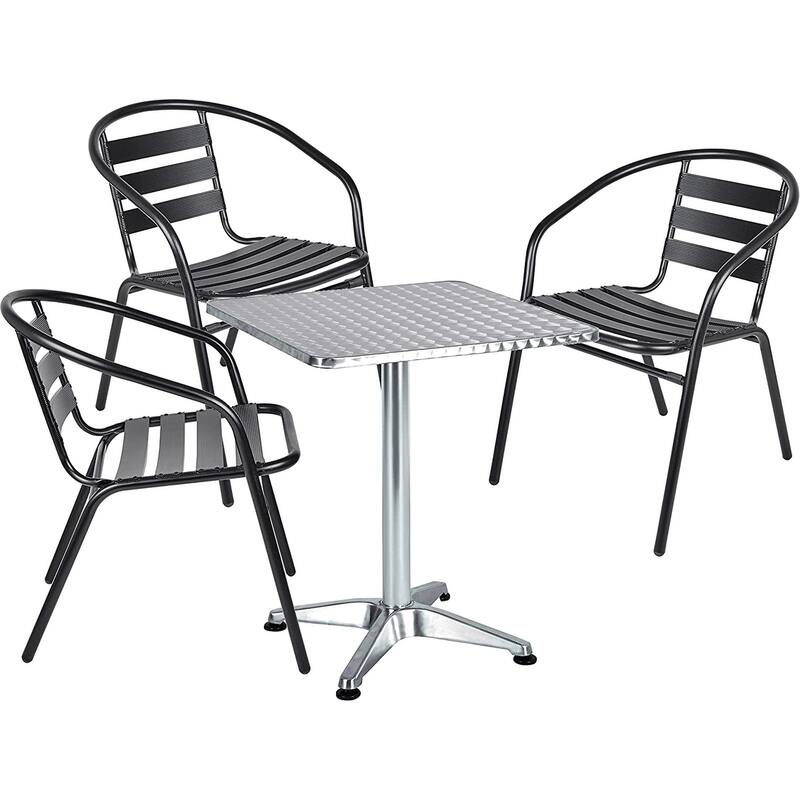 BTEXPERT Indoor Outdoor 23.75" Square Restaurant Table Stainless Steel Silver Aluminum + 3 Black Metal Slat Stack Chairs - Black