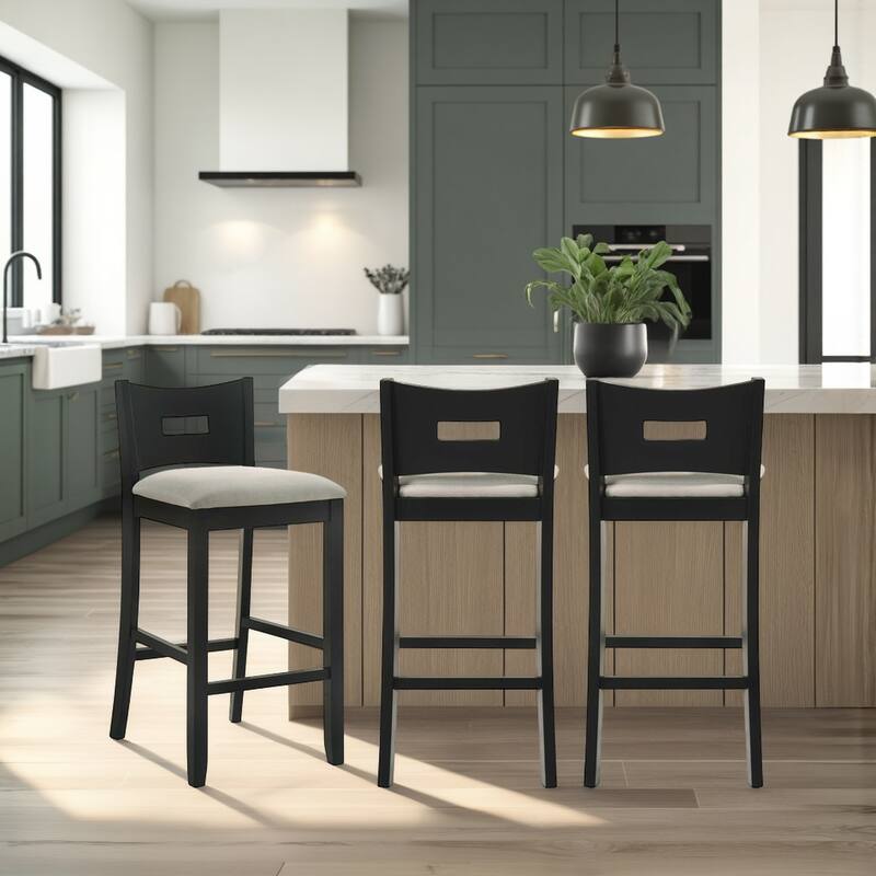 Ren Rubberword Bar Stool, Ivory Upholstered Counter Height Stool - Set of 3 - Fog/Matte Black - Counter Height