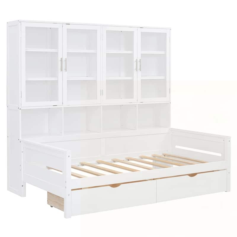 Wooden Daybed with Glass-Door Storage Cabinets and Built-in LED Lighting