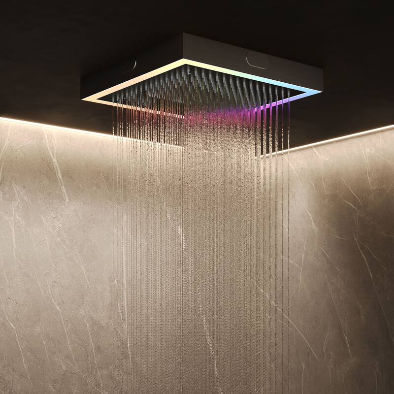 GRANDJOY Thermostatic LED Rain and Waterfall Shower System with Handheld, Built-In Music Function