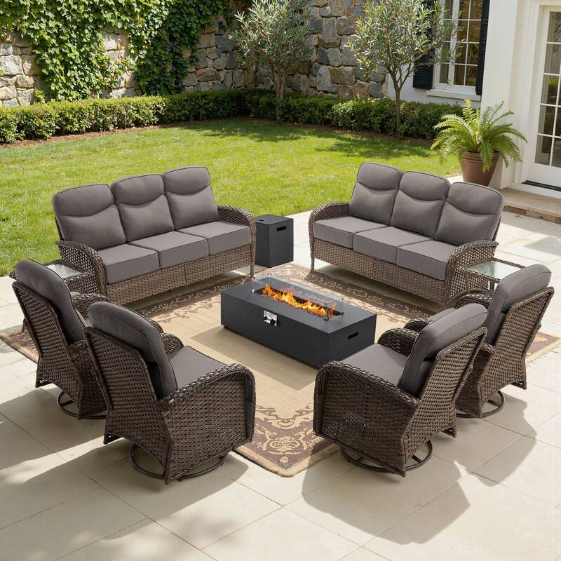 Meyreso 9-Piece Wicker Outdoor Patio Fire Pit Sofa Set with 6-Inch Thick Cushions